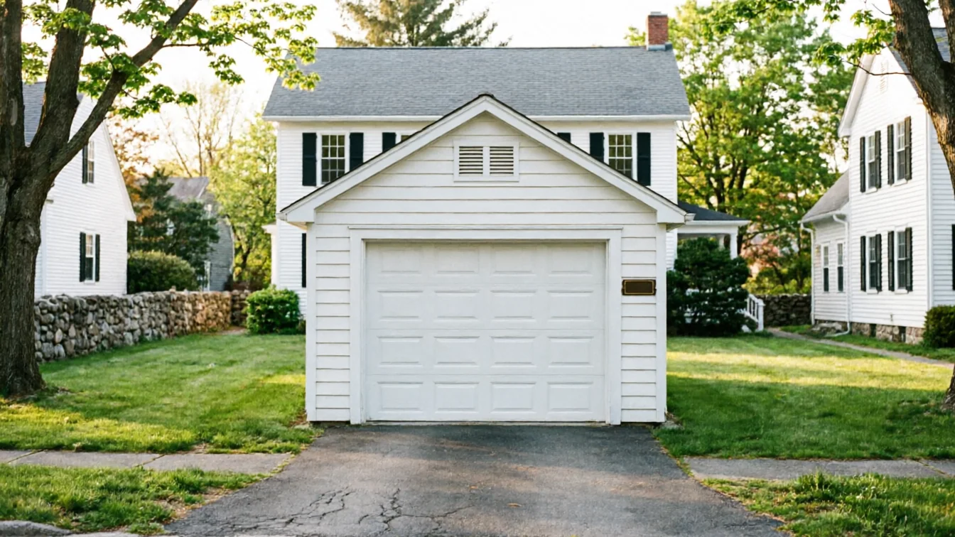 A white detached garage with a paneled door sits in front of a white house.