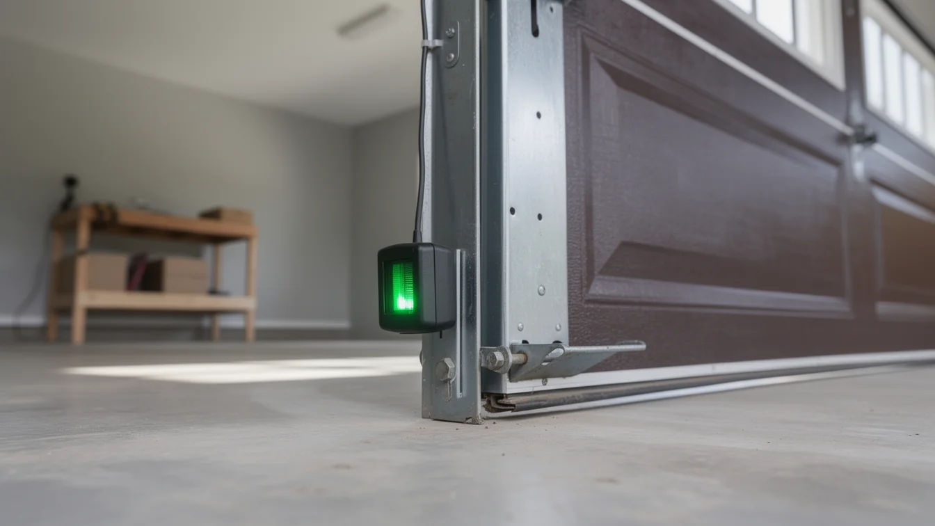 A green safety sensor is mounted on a brown garage door track.