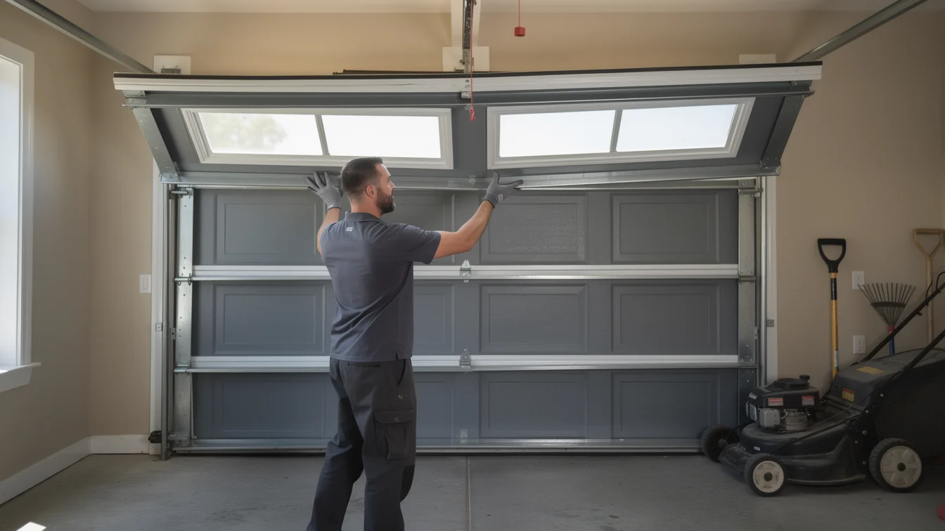 A technician in gloves adjusts a gray garage door with windows.