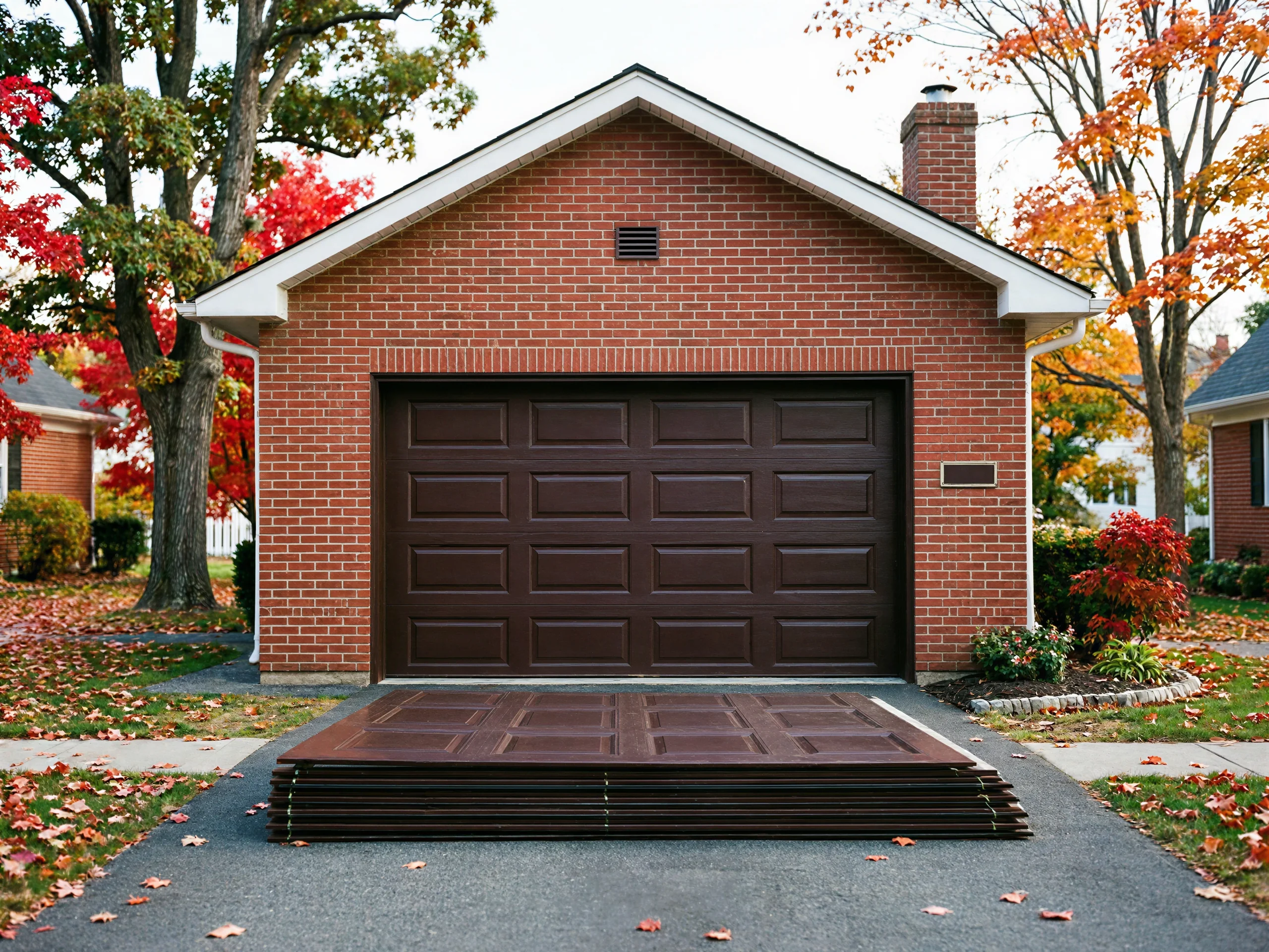 A brown garage door on a brick house with new door panels stacked on the driveway.