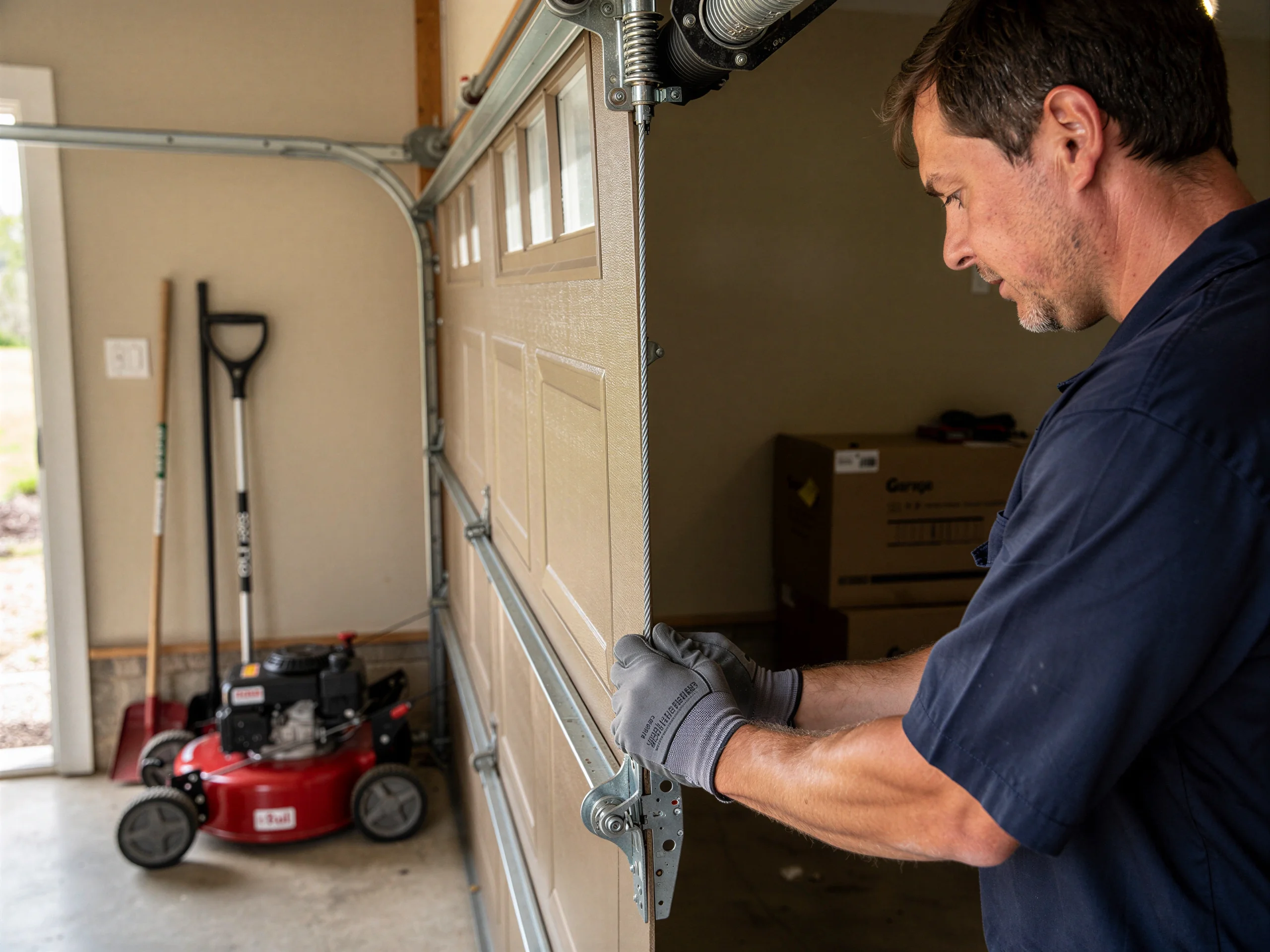 A technician in a blue shirt and gray gloves works on a tan garage door.