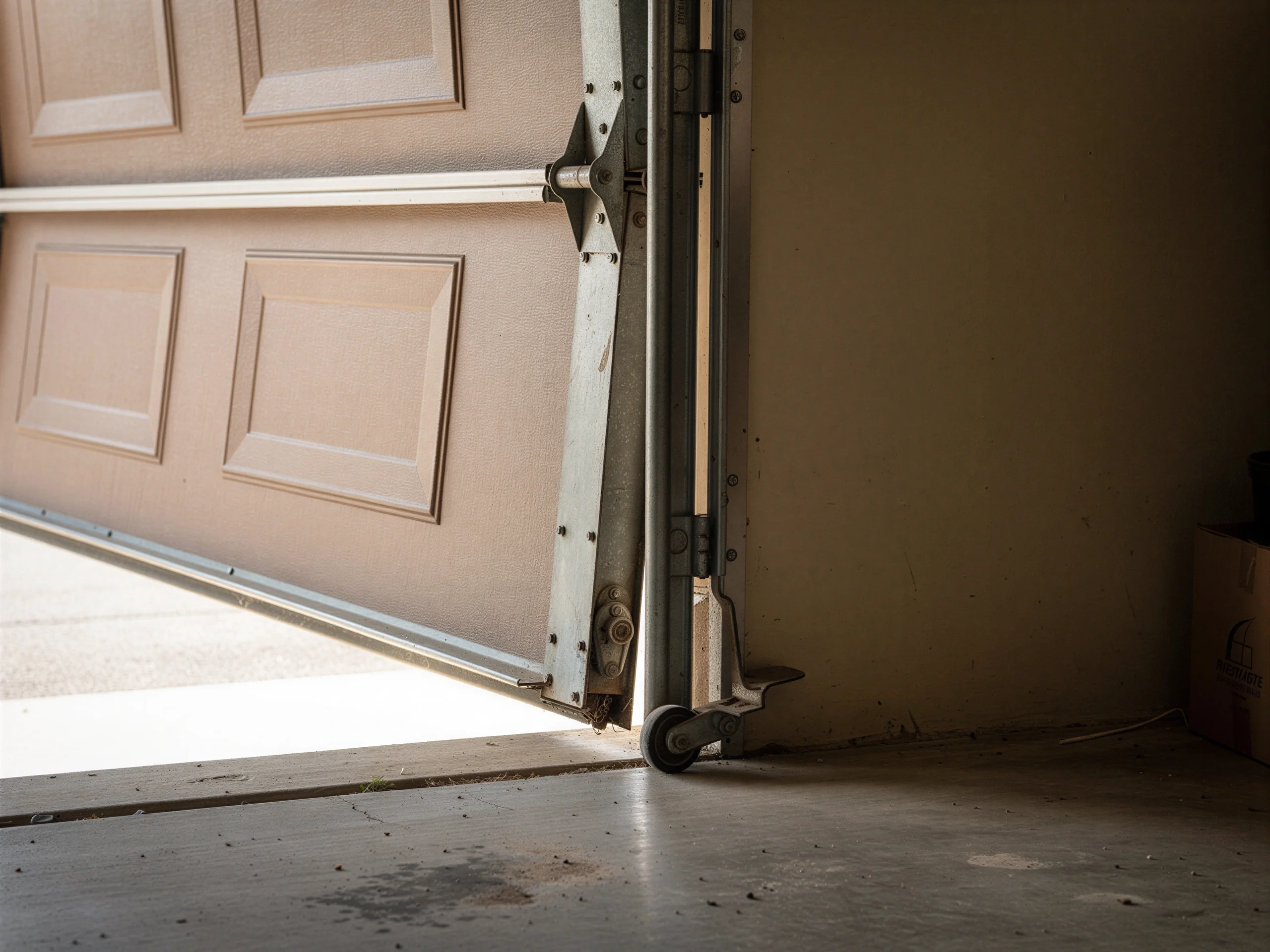 The garage door is off its track, with the bottom panel angled inward.