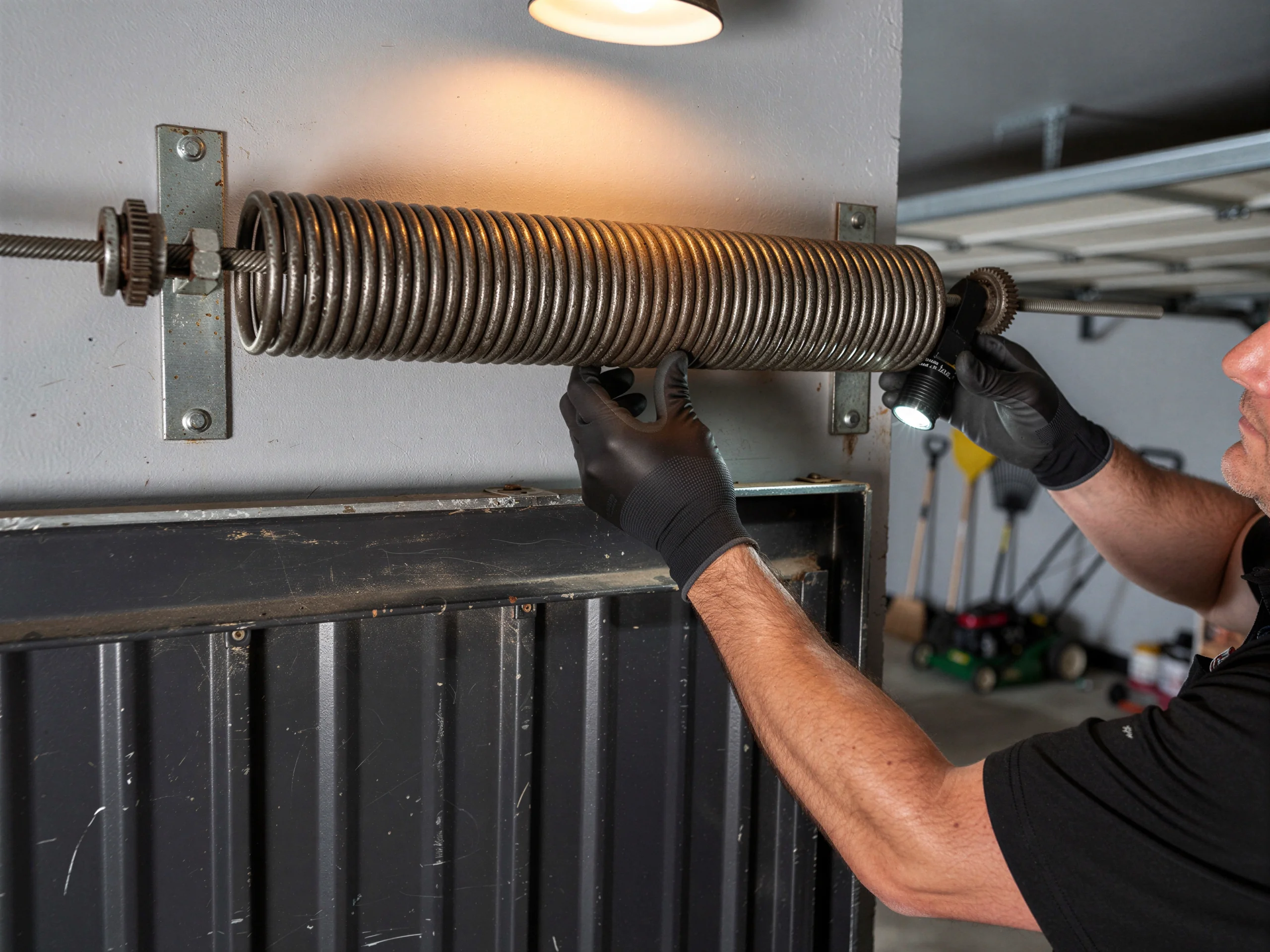 A technician in black gloves inspects a garage door torsion spring with a flashlight.