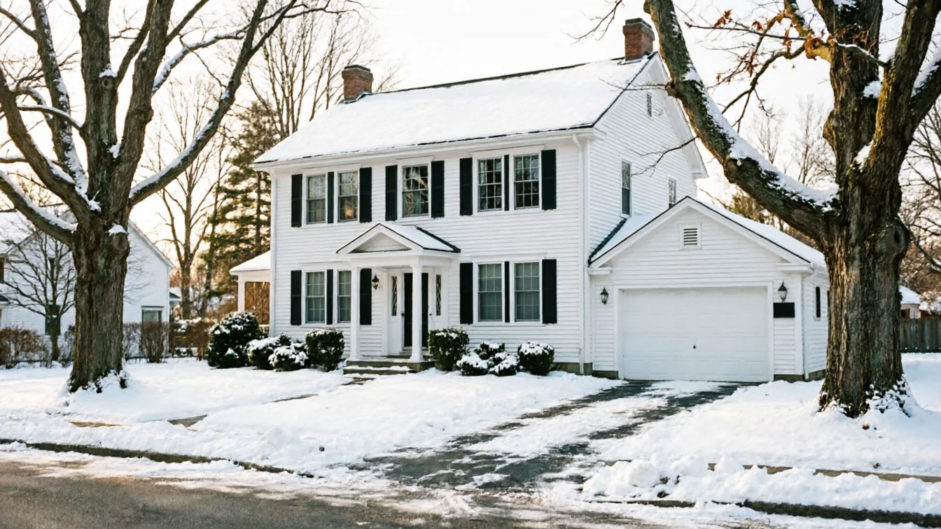 A white house with a white garage door and a snow-covered yard.
